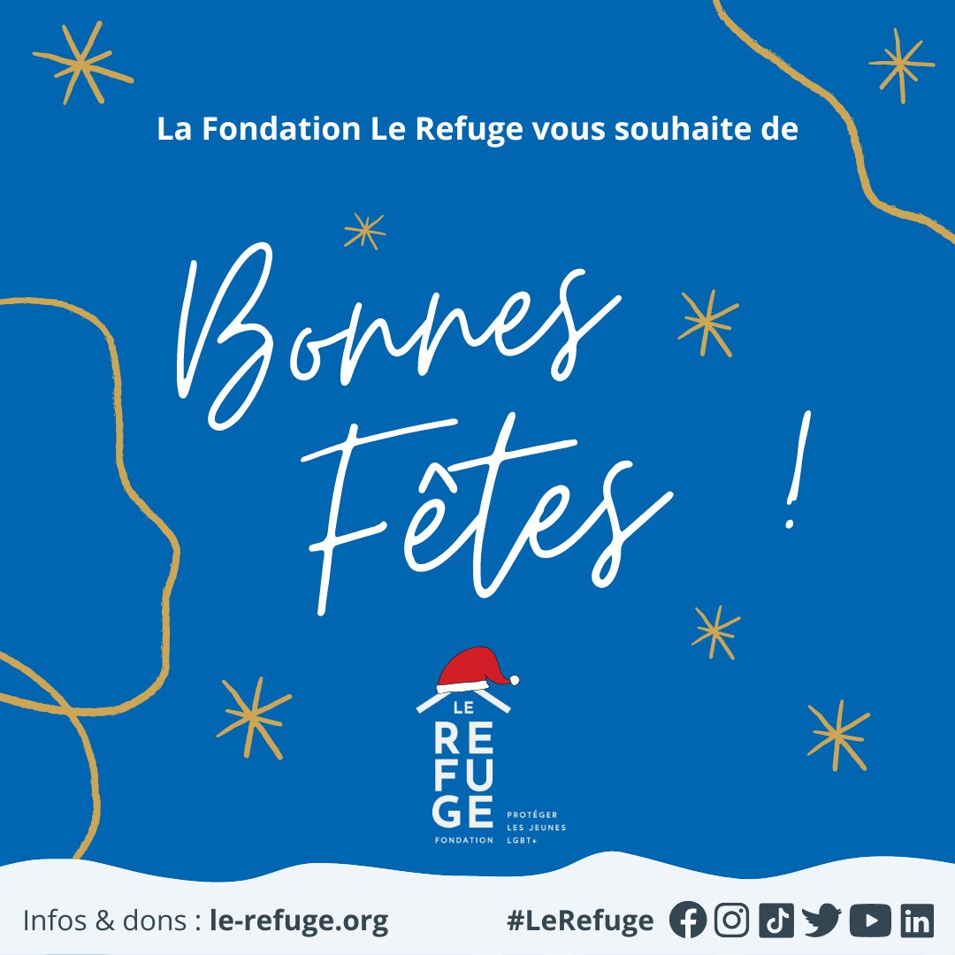Les équipes de la Fondation vous souhaitent de #BonnesFêtes 🎄de fin d'année ✨ !

Nous vous remercions du fond du cœur pour votre précieux soutien au #LeRefuge 💙. C'est grâce à votre mobilisation que nous protégeons, chaque jour, plus de 300 jeunes #LGBT+ 🌈 en France 🇫🇷.