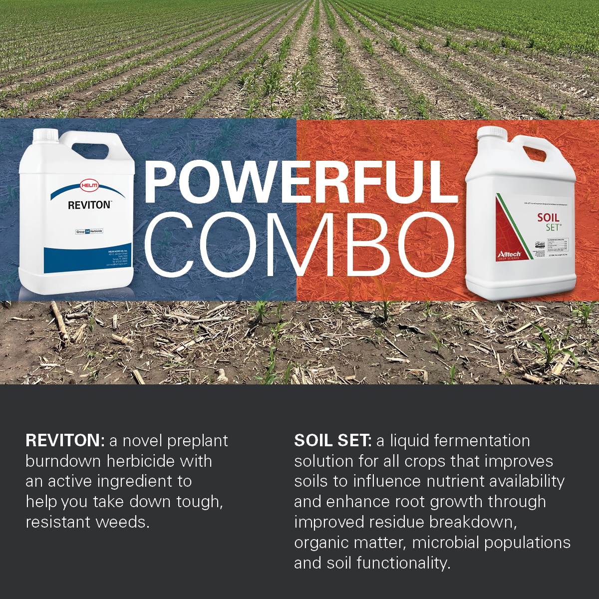 HELMCropUS's tweet photo. Two is always better than one, right? 

The same goes for your tank mix. 

Reviton® and Soil Set®  can give your fields a clean start and an extra boost to get your crop off to a stellar start. 

Learn more: https://t.co/HfcffbE5cT

#soilboost #burndown #startclean https://t.co/E5t14vgLk6