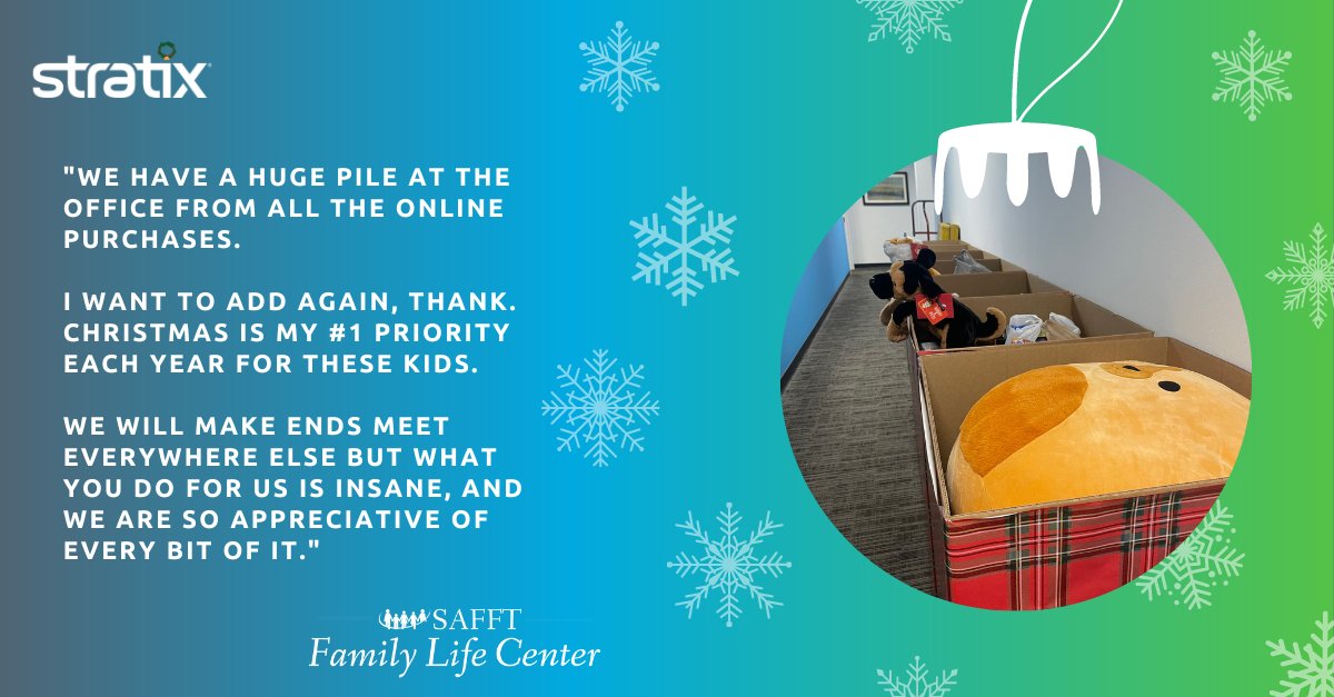 StratixMobile's tweet photo. Each holiday season, Stratix partners with our local foster agency, @SAFFT, to give the children under their care a Christmas to remember. Stratix #TrueTeammates went above and beyond to fill 7 boxes with toys and goodies.
#StratixLife #Charity #StratixCares https://t.co/CtAS1kx1HH