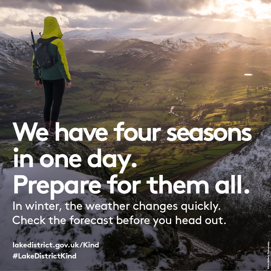 Winter weather here in the Lakes can be unpredictable, so we're asking people to be prepared. 

🌨️Check the forecast 
🥾Wear the right gear
🏞️Remember you can always turn back 

#LakeDistrictKind #BeAdventureSmart