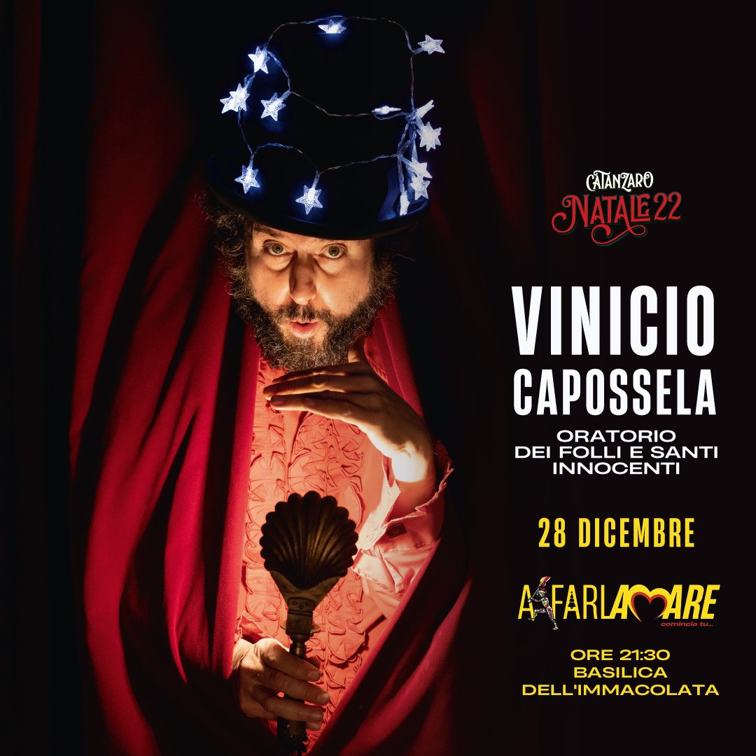 «Che la Follia che dilaga sulla terra, (e ne fa un mondo al rovescio), per una sera, abbia la sana voce dell’infanzia del mondo, che è in fondo il fascino ultimo del Natale.» @vcapossela  

Catanzaro 28.12 📣 Gratuito/prenotare:  bit.ly/Capossela28_12

PH F. Mantegna