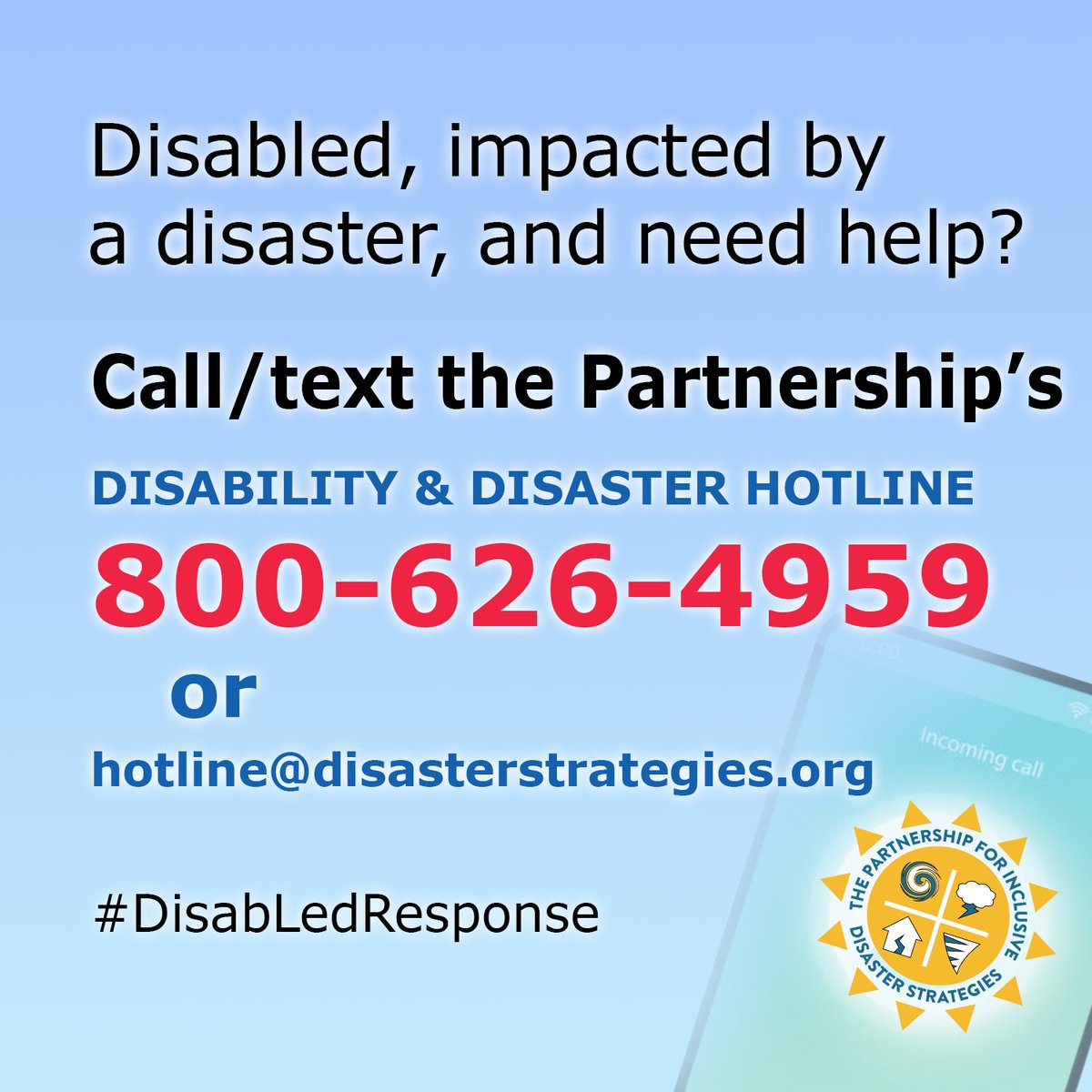 disasterstrat's tweet photo. Disabled, impacted by a disaster, and need help? Discapacitade, afectade por un desastre y necesita ayuda?
Call/text (llame) the Partnership's DISABILITY & DISASTER HOTLINE 800-626-4959 or hotline@disasterstrategies.org
#Earthquake #WinterStorm
#DisabledDisasterRelief https://t.co/OzEpG90bg6
