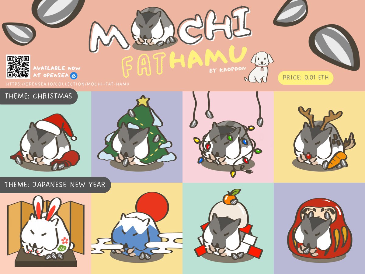 "Mochi Fat Hamu" collection 
now available on Opensea ⛵️

📢Japanese New Year sets to be minted soon🎍

Link: opensea.io/collection/moc… 
See Real Mochi: instagram.com/mochi_fat_hamu/

#NFTs #NFT買います #NFTshilling #hamster #hamsterNFT #かわいいNFT