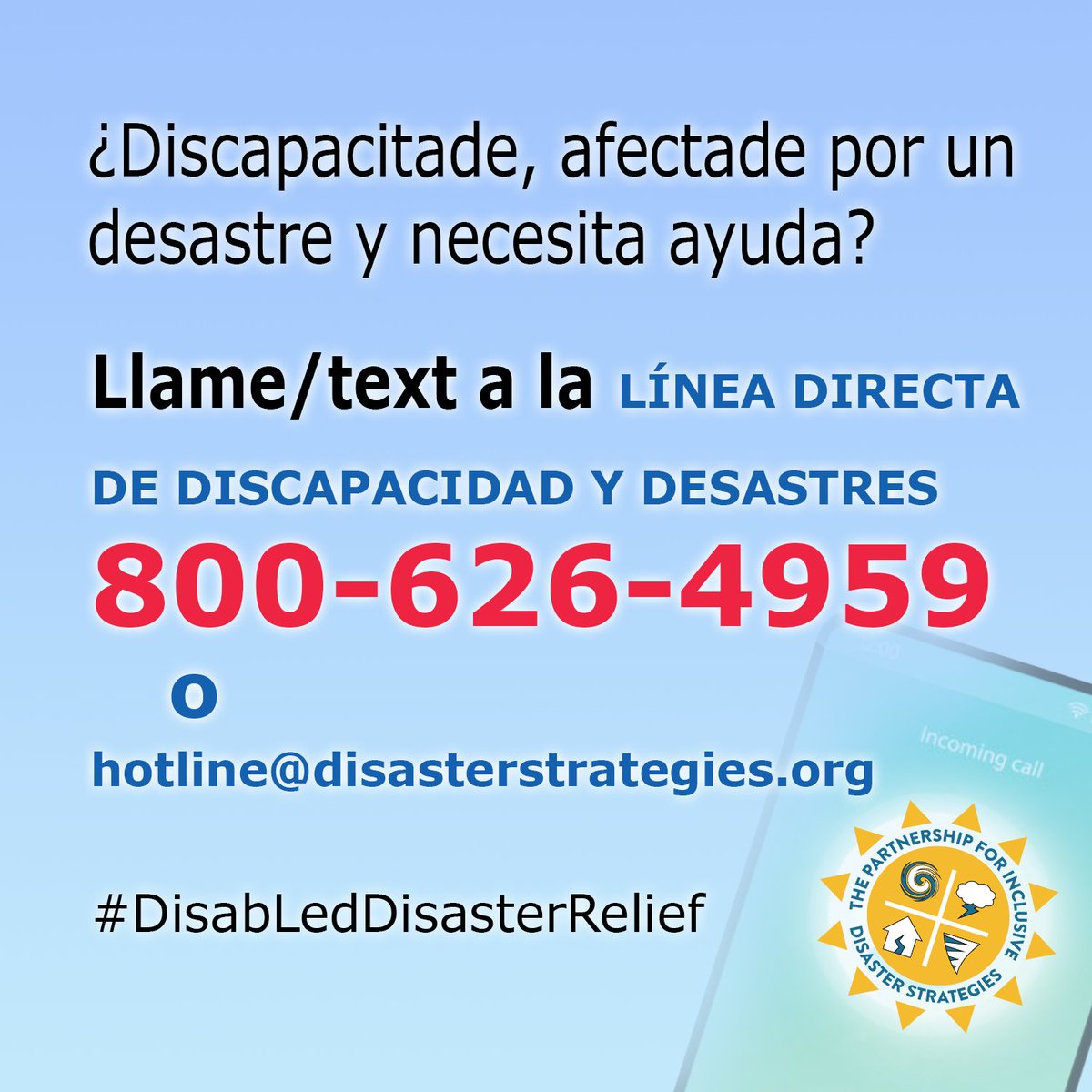 disasterstrat's tweet photo. ¿Discapacitade, afectade por un desastre y necesita ayuda? Disabled, impacted by a disaster, and need help?
Llame/text (Call) a la LÍNEA DIRECTA DE DISCAPACIDAD Y DESASTRES 800-626-4959 o hotline@disasterstrategies.org
#Terremoto #TormentaInvernal
#DisabLedDisasterRelief https://t.co/uqBLptEYfK