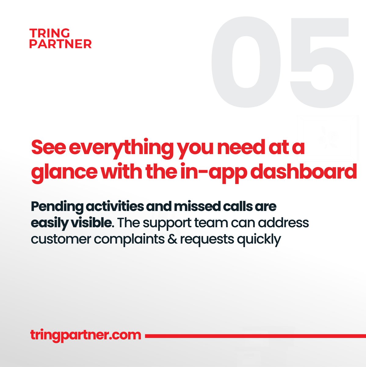 TringPartner's tweet photo. 5.See everything you need at a glance with the in-app dashboard. 

Pending activities and #missedcalls are easily visible. The #support team can address customer complaints &amp; requests quickly.
Engaging customers is the key to success. https://t.co/LQ20uPKkuZ