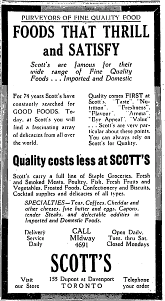 Hogtown101's tweet image. (5) In the 1948 photo, the backwards SCOTT’S sign is for J &amp;amp; WR Scott’s grocery store (seen here in 1930). While it was demolished in 1931 for a road expansion,  the grocers (est. 1875) re-opened on the opposite side of the drug store at 155 Dupont where Kitchen Table is today.
