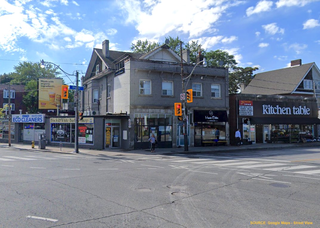 Hogtown101's tweet image. (5) In the 1948 photo, the backwards SCOTT’S sign is for J &amp;amp; WR Scott’s grocery store (seen here in 1930). While it was demolished in 1931 for a road expansion,  the grocers (est. 1875) re-opened on the opposite side of the drug store at 155 Dupont where Kitchen Table is today.
