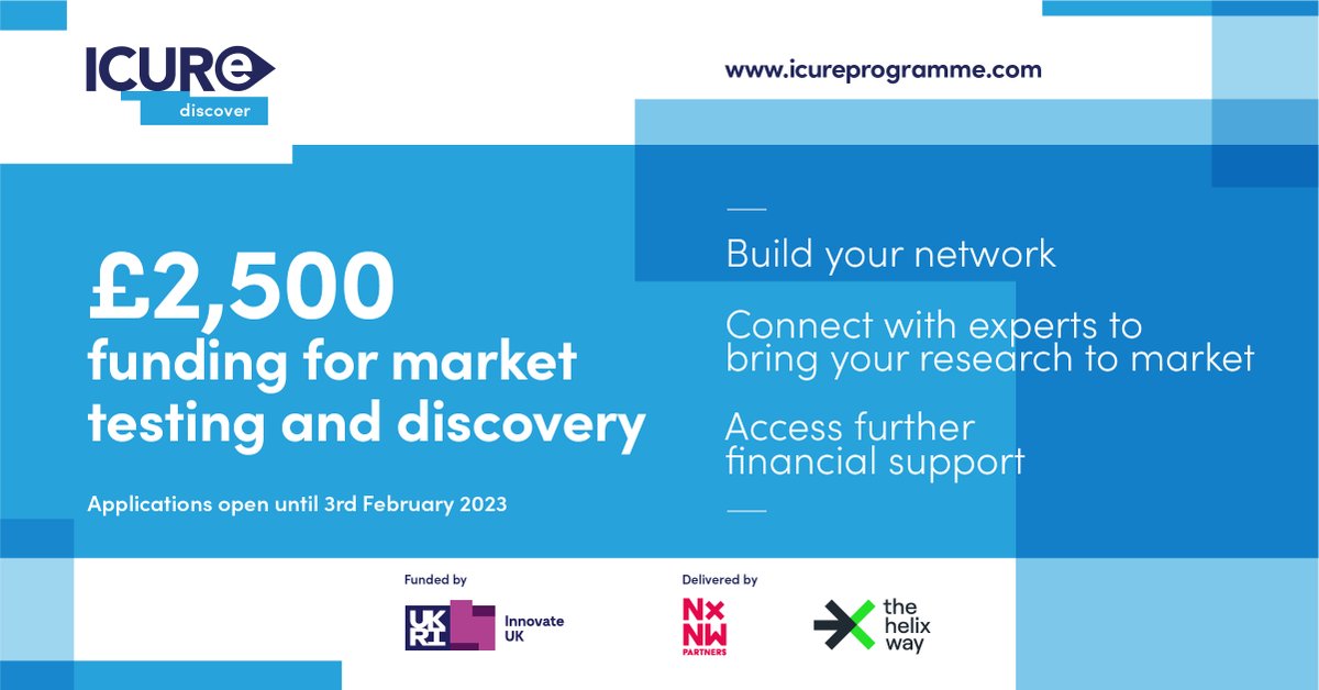 Applications are NOW OPEN for the #ICURe DISCOVER programme! #InnovateUKFunded, helping researchers rapidly test whether there is a market for your idea, product or service. Apply Now below icureprogramme.com/apply-now/

#ICURe #Innovation #Research #Commercialisation