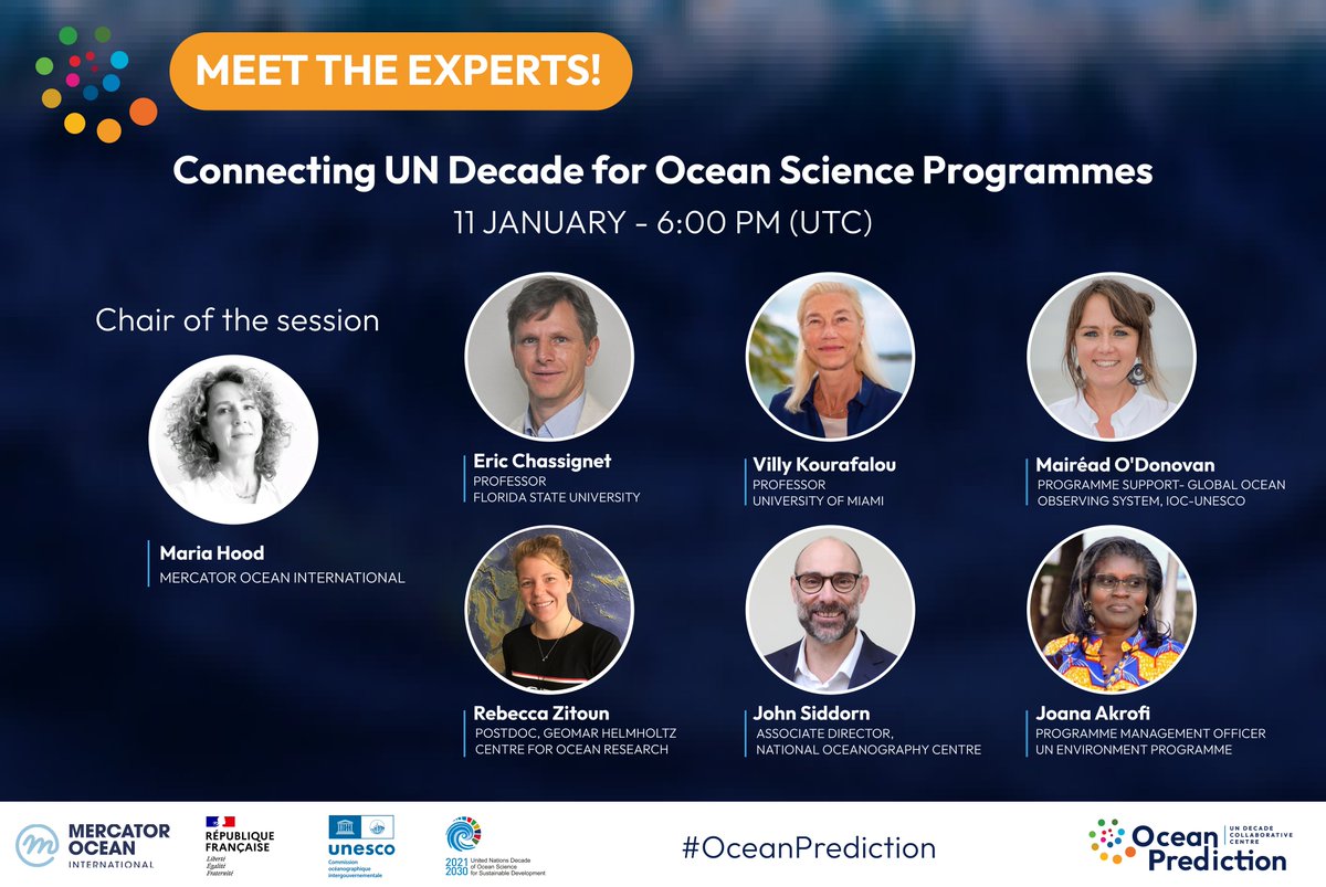 #OceanPrediction kick-off meeting ‼️
After presenting some @UNOceanDecade programmes, our panel discussion speakers will exchange with the audience & reflect on future ways to collaborate with OceanPrediction DCC. ​
🗓️Jan 11​⏲️10:30AM & 6PM utc🌐
Join us⏩bit.ly/3v8kwmZ