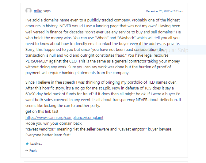 Here is a comment worth noting on Epik Escrow.  I still don't have my $91K from Epik for the sale of my domain through Epik Escrow.