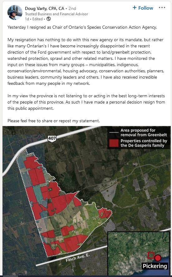 BREAKING: The Chair of Ontario's Species Conservation Agency resigns in protest over <a href="/fordnation/">Doug Ford</a> attacks on Ontario farms, forests, wetlands and livability. Thanks to <a href="/dougrvarty/">Doug Varty</a> for standing up for our future. #HandsOffTheGreenbelt #repealbill23