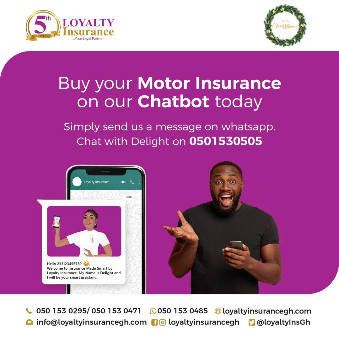 LoyaltyinsGh's tweet photo. No matter where you are this festive season, do not hesitate to reach out to Delight through our Whatsapp number 0501530505 for your insurance-related services.
#loyalty #loyaltyat5 #loyaltyinsurance #loyaltyforyou #delight #chatbot #whatsapp #insurancemadeeasy https://t.co/TWGsbVoiQE