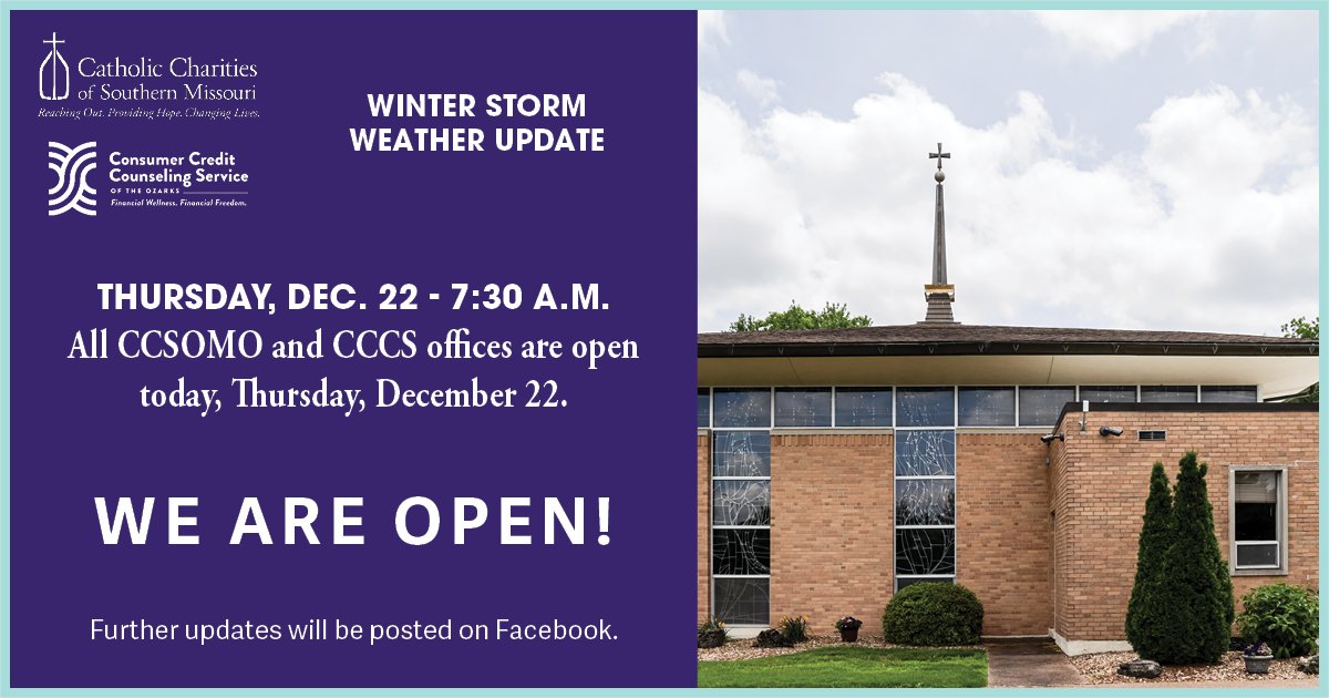 We are open today as of 7:30 a.m. <a href="/DioSCG/">DioSCG</a>  <a href="/kytv/">KY3 News</a> @kolr10kozl  <a href="/kfvsnews/">KFVS News</a> <a href="/koamfox14/">KOAM News Now</a> <a href="/KODEnews/">KODE Action 12 News</a> @KTTSNews <a href="/CityofSgf/">City of Springfield</a> <a href="/CPOzarks/">Community Partnership of the Ozarks</a>