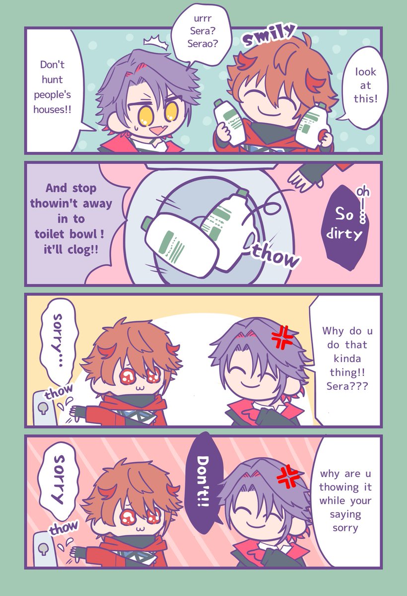 【Phasmophobia steam】

Eng ver manga
Where Seraph says sorry but keep on throwing washing material in to toilet

#わたらいらすと 
#SeraPic 