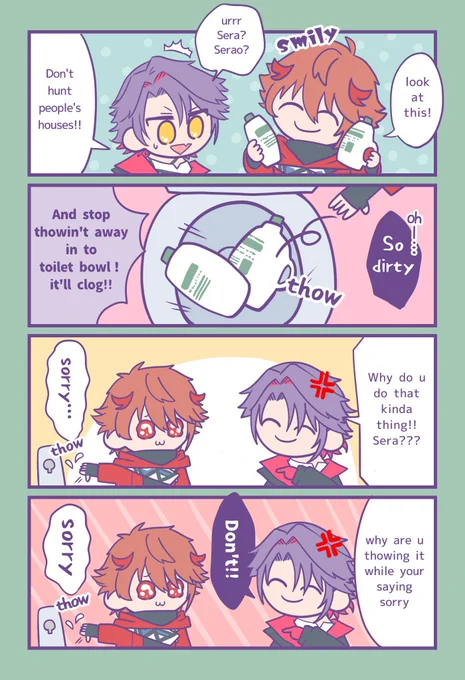 【Phasmophobia steam】

Eng ver manga
Where Seraph says sorry but keep on throwing washing material in to toilet

#わたらいらすと 
#SeraPic 