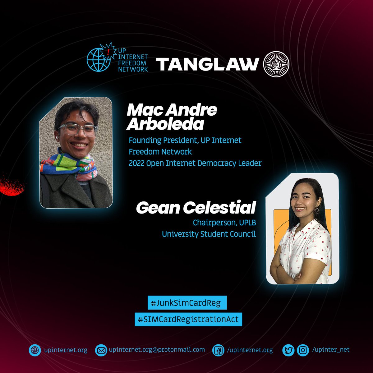 upinter_net's tweet photo. Bukas na! Kilalanin ang mga panelists na magbabahagi ng kanilang mga kaalaman at sasagot sa inyong mga katanungan tungkol sa ipinasang Sim Card Registration Law.
#JunkSimCardReg
#SimCardRegistrationAct (1/3) https://t.co/Arj5Uk9qPb