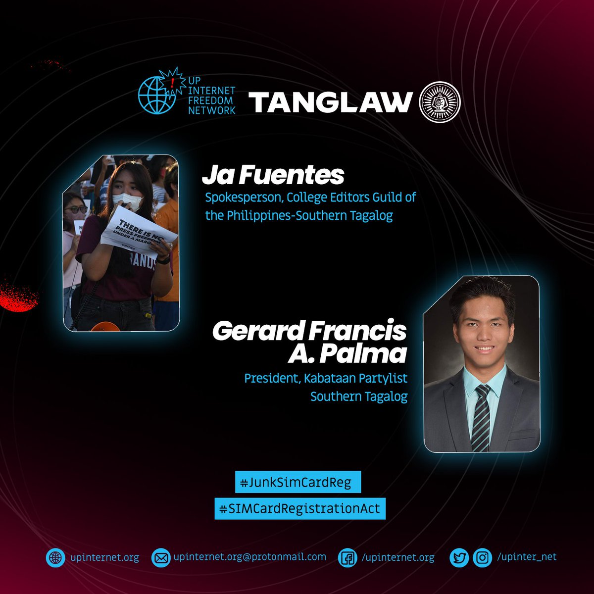 upinter_net's tweet photo. Bukas na! Kilalanin ang mga panelists na magbabahagi ng kanilang mga kaalaman at sasagot sa inyong mga katanungan tungkol sa ipinasang Sim Card Registration Law.
#JunkSimCardReg
#SimCardRegistrationAct (1/3) https://t.co/Arj5Uk9qPb