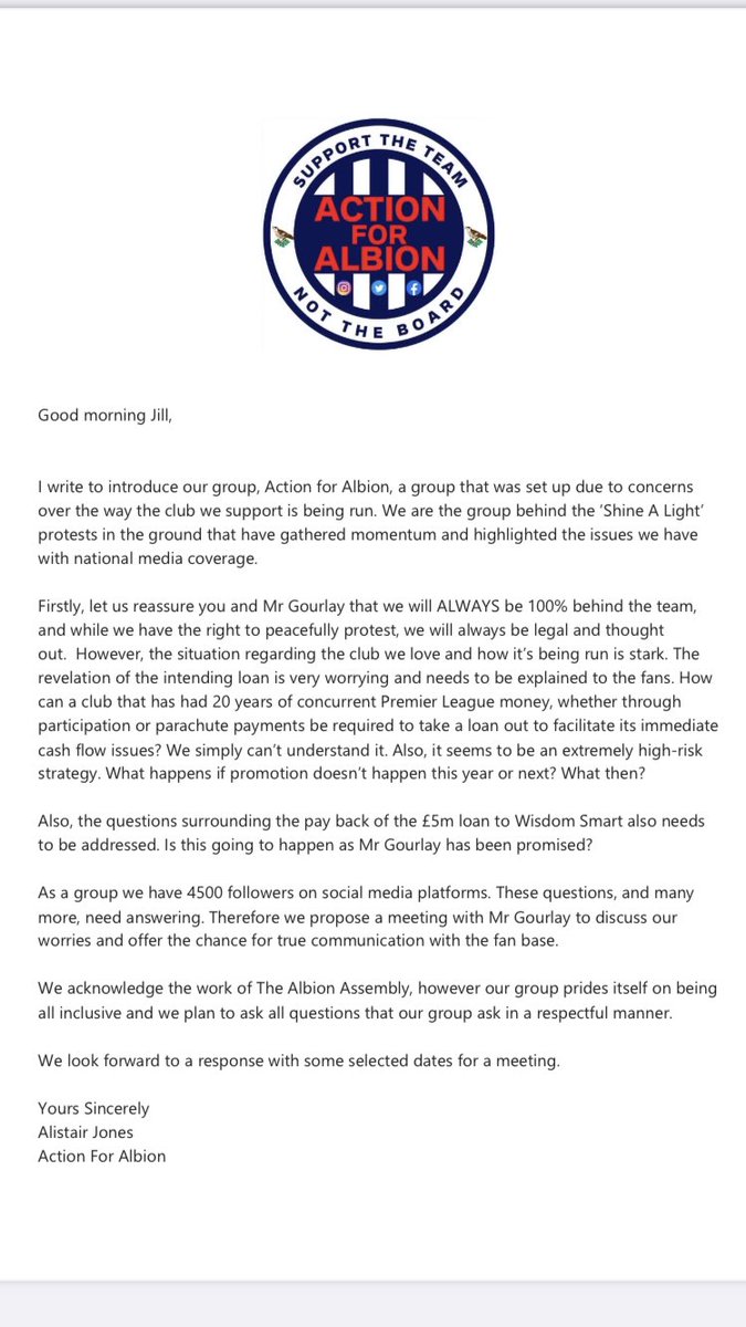 Albion_IST's tweet photo. Please see attached email sent to Mr Gourlay’s PA. We demand urgent answers. Enough is enough. Time to move up a notch. #WheresTheMoneyGone #ShineALight #WBAFC #EnoughIsEnough https://t.co/LUu0PTx71j