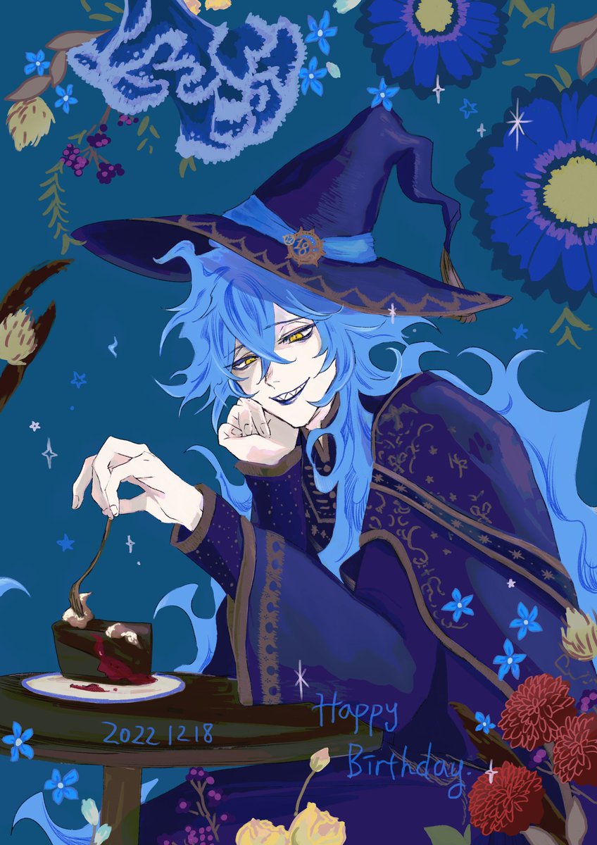 hat long hair male focus yellow eyes blue hair witch hat food  illustration images