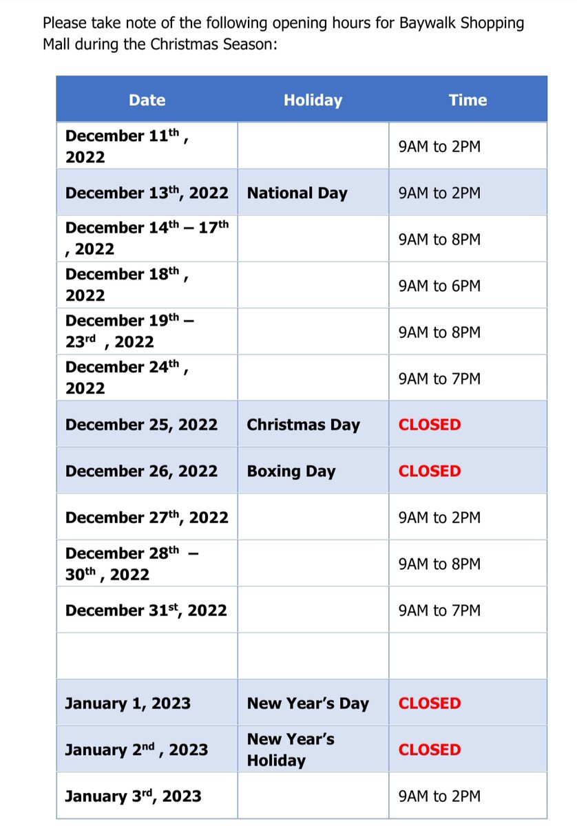 BaywalkSLU's tweet photo. Take note, mall hours for this season. https://t.co/LImZrPkU9p