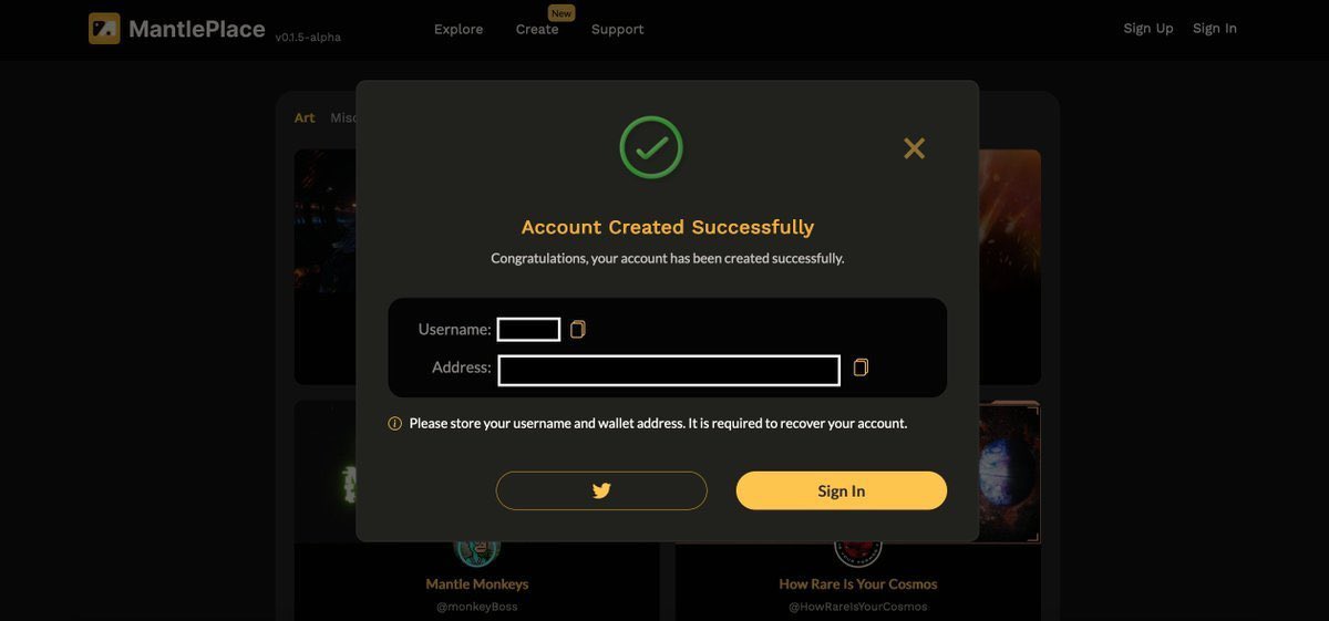 DeFiMayor's tweet photo. If you're here, then you did everything right. You've successfully claimed your username on MantlePlace.
Start exploring the available collections on MantlePlace. LFG 🚀
#DID #InterNFT #NFT #Blockchain #MantleChain https://t.co/yJnB5avAc4