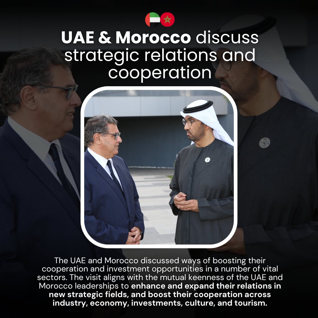 The visit coincides with a desire shared by the #UAE and Morocco's top officials to deepen and broaden their ties in a variety of important areas, including but not limited to the commercial, financial, cultural, and touristic sectors. #Morocco #StrategicRelations #Cooperation