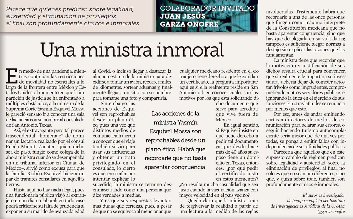 garza_onofre's tweet photo. La falta de ética y las mentiras de la ministra de la @SCJN Yasmín Esquivel no es algo nuevo.

El plagio de su tesis de licenciatura sólo se suma a una amplia lista de inmoralidades.

Por acá la editorial que escribí en @Reforma cuando usó sus influencias para vacunarse en USA. https://t.co/fxjmDYPsix
