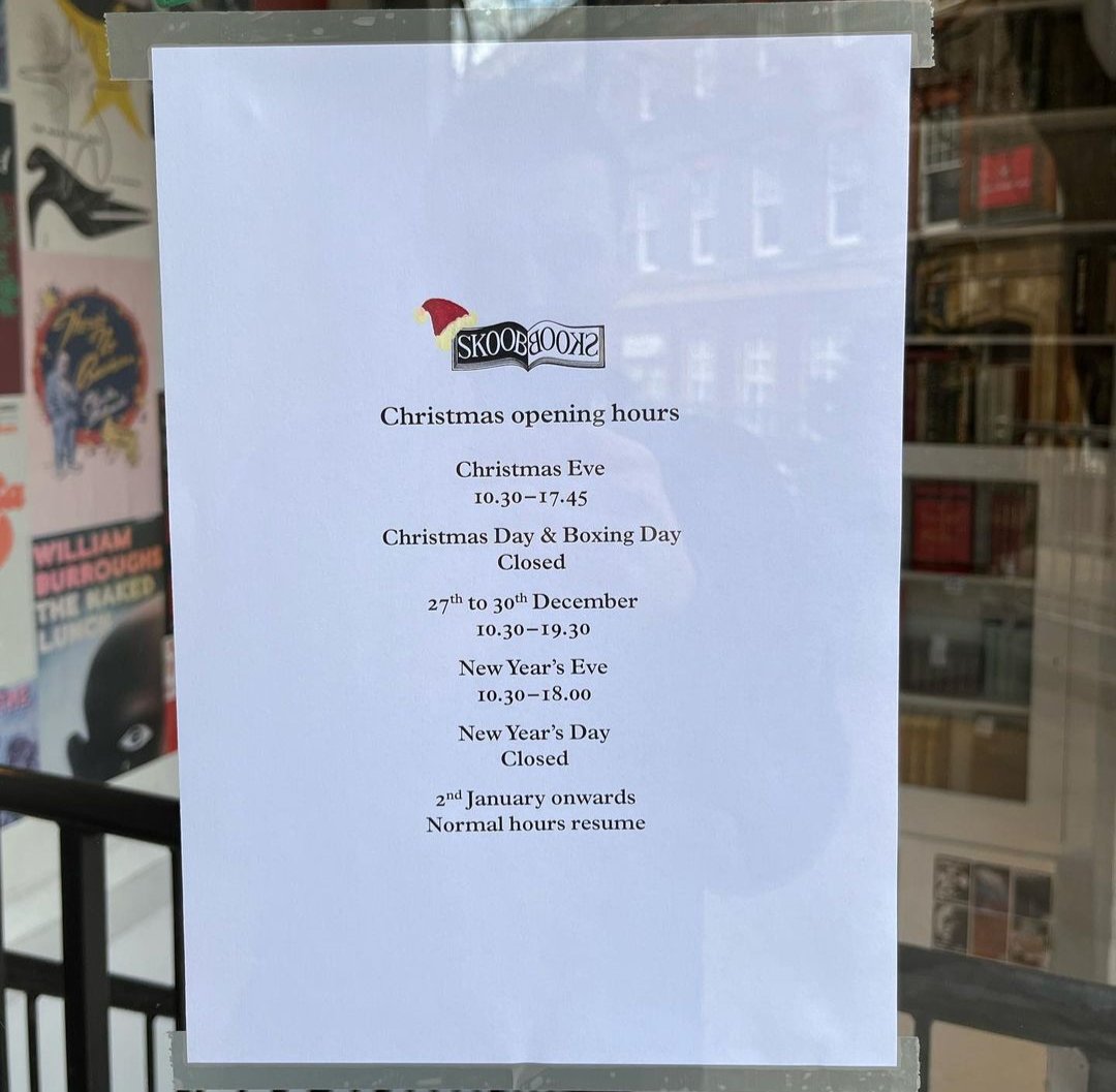 ⏰ Festive hours ⏰

Open as usual until the 24th, when we close early. We are closed on Christmas Day &amp; Boxing Day, then back to normal on the 27th-30th. We close at 18.00 on New Year’s Eve, we’re closed on New Year’s Day and then from the 2nd we’re back to normal opening hours.