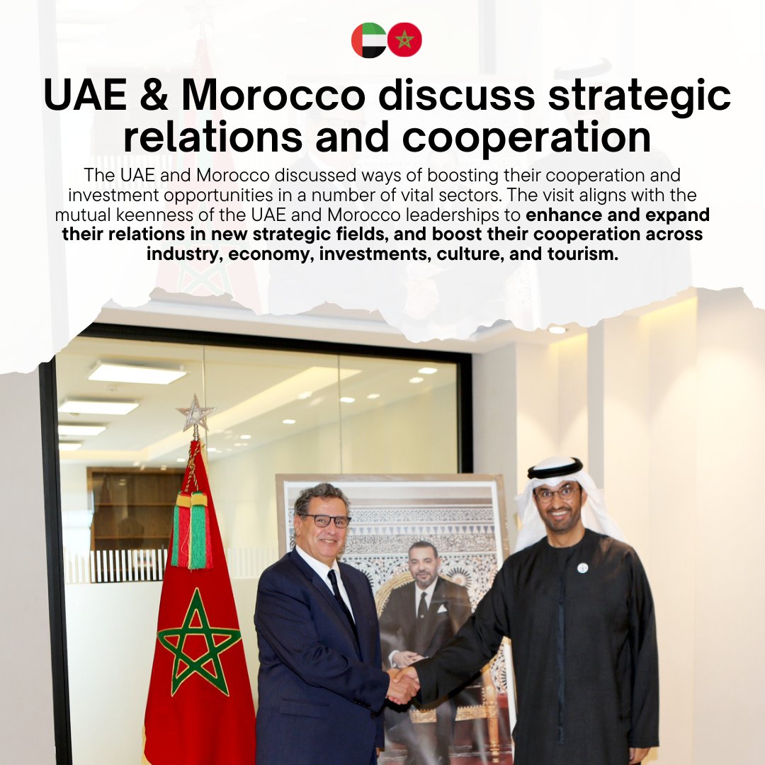 The parties also talked about expanding their collaboration and exploring new investment possibilities in a range of strategically important areas. #UAE #Morocco #StrategicRelations #Cooperation