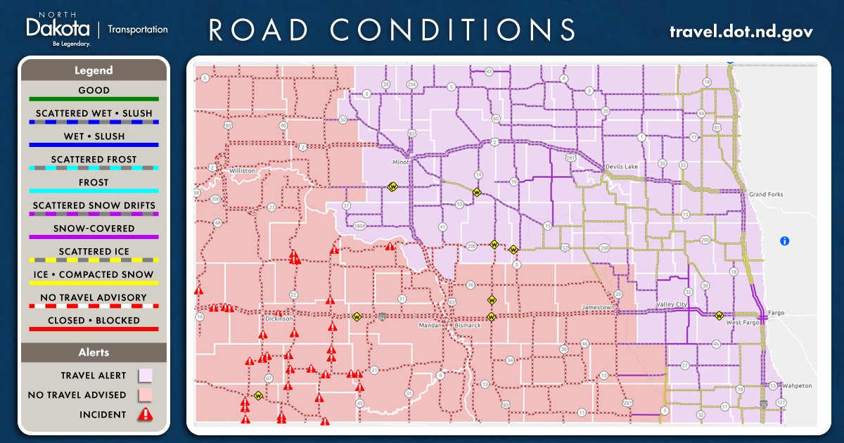 The No Travel Advisory was expanded to the Jamestown District due to icy roads, blowing snow and low visibility. Please do not travel unless absolutely necessary. Travel Alerts remain in effect for the other areas. 
travel.dot.nd.gov #KnowBeforeYouGo #ndwx #NDRoads