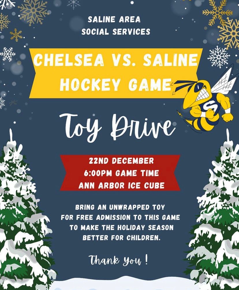 Tonight, we take on Saline in a big SEC matchup at the Ice Cube at 6 pm. Drive safe, and please help out with their toy drive. #letsgo #letsdothis #toydrive #gobulldogs @ChelseaBulldogs @SunTimesSports @MadMagyar6 @MichHSHockey @statechampsmich