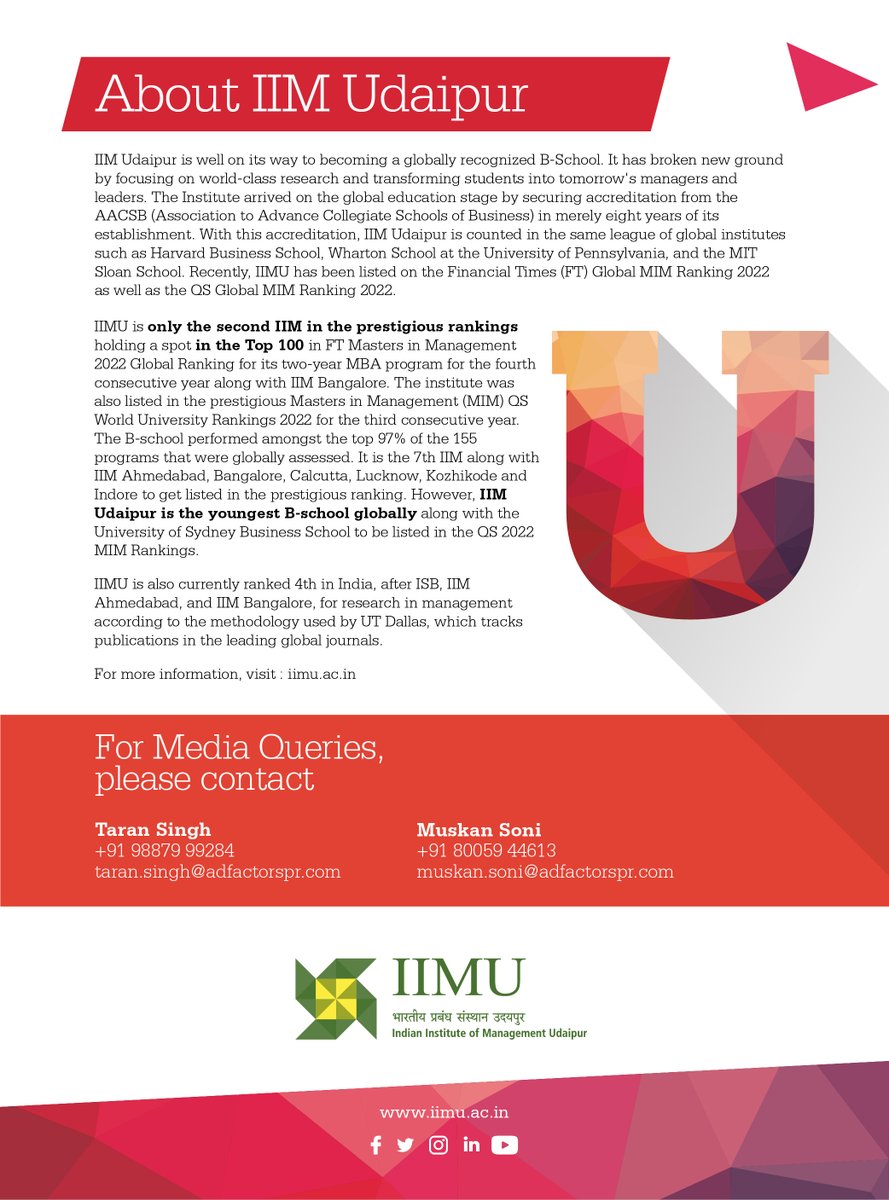 IIM_Udaipur's tweet photo. IIM Udaipur is well on its way to becoming a globally recognized B-School. It is the youngest B-school globally listed in the QS 2022 MIM Rankings and Financial Times (FT) Global MIM Ranking 2022.
#IIMU #IIM #FTMIM #QSWorldRankings
10/10 https://t.co/PMMfARyMJ9