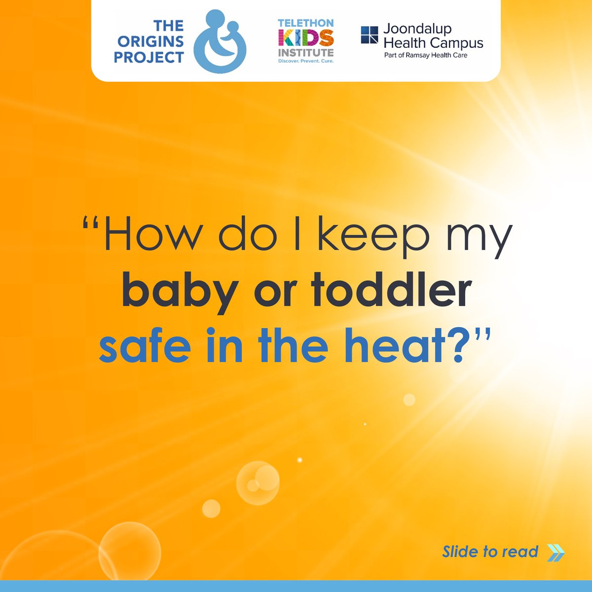 TheKids_AU's tweet photo. Summer often means more time outside, but when you have a toddler or baby it's important to keep them safe &amp; cool. We've compiled some tips based on expert advice from Prof @Desiree_Silva__, Paediatrician (@telethonkids &amp; @uwanews) &amp; Co-Director of the #ORIGINSproject, to help. https://t.co/qO4kVjSLhc