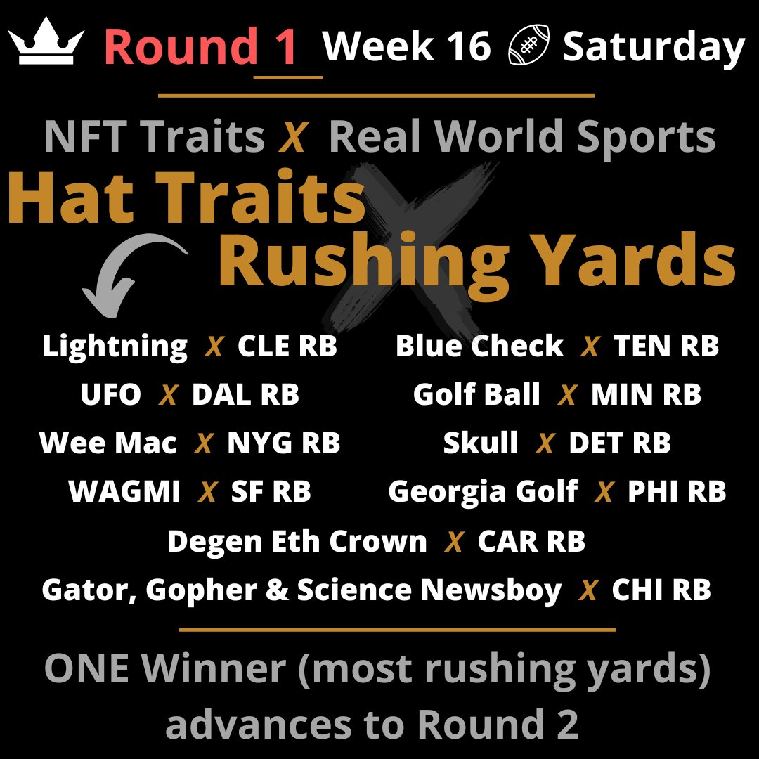 Degensportsio's tweet photo. 🏈 WEEK 16 TRAIT PAIRINGS 🏈

You need your PFP Pro's traits to match the top performer in each round to win.

You don't need to watch football or do anything to win. We believe that life has enough priorities. Passive participation is our goal!

#FantasyFootball 𝙓 #NFTs #Web3 https://t.co/xq7iAFQ54Z
