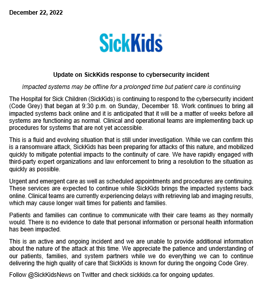 SickKidsNews's tweet photo. Update on SickKids response to cybersecurity incident: https://t.co/xf9YeBWFVV https://t.co/Dljz2pII8h