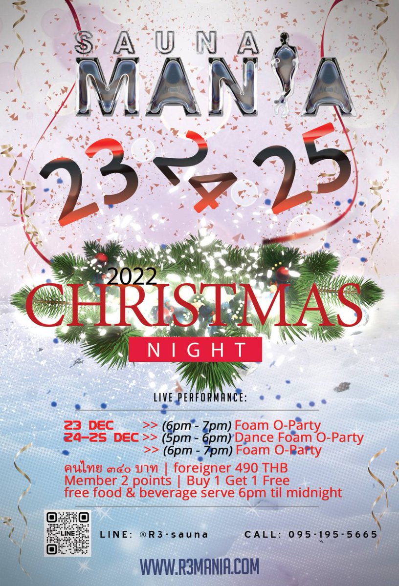 r3saunabangkok (@r3saunabangkok) on Twitter photo X-MAS fest at R3 and Sauna Mania on 23 24 and 25
Dance+o-party+free foods & drink
-Pro! buy 1 get 1 free (R3 mon-thursday)
X-mas gift from R3 (saturday only)
Please note time of party at Ad
<a href="/ton_r3/">tonr3</a>
<a href="/r3clubx/">R3clubx</a>
<a href="/bkp115/">BKPofficial</a>
<a href="/saunamania/">Sauna Mania</a>
@r3_saunamania
#x-mas#big-o-party X-MAS fest at R3 and Sauna Mania on 23 24 and 25
Dance+o-party+free foods & drink
-Pro! buy 1 get 1 free (R3 mon-thursday)
X-mas gift from R3 (saturday only)
Please note time of party at Ad
<a href="/ton_r3/">tonr3</a>
<a href="/r3clubx/">R3clubx</a>
<a href="/bkp115/">BKPofficial</a>
<a href="/saunamania/">Sauna Mania</a>
@r3_saunamania
#x-mas#big-o-party