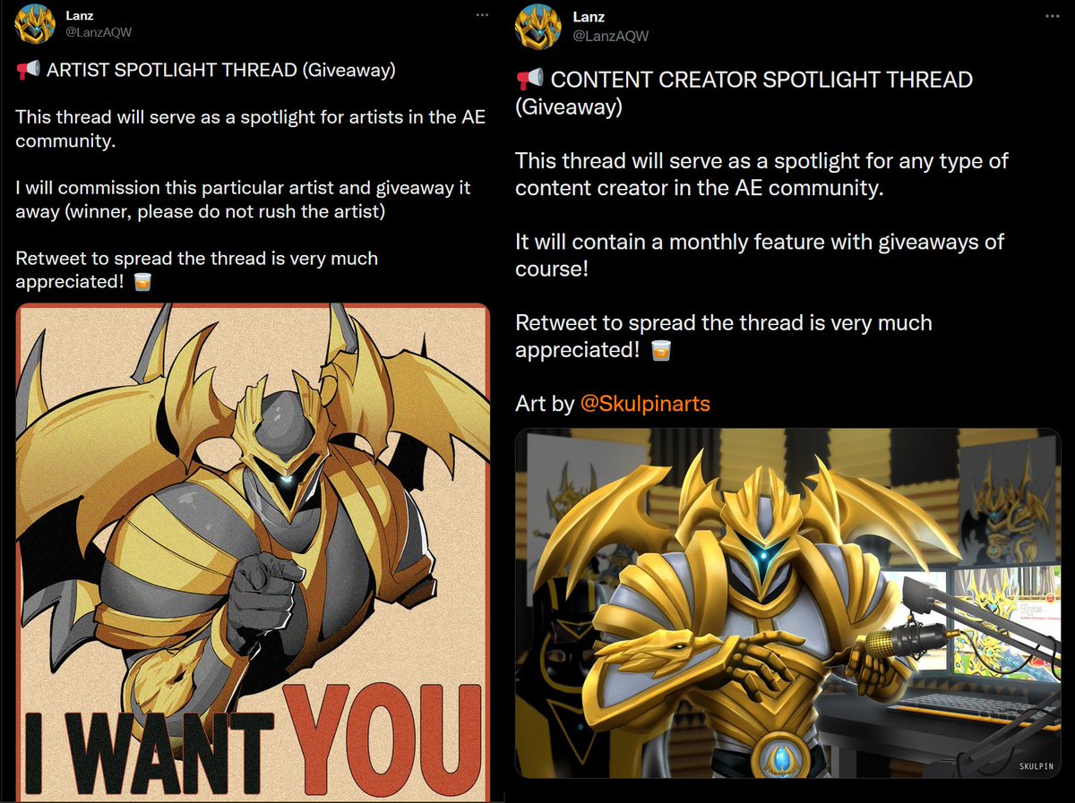 LanzAQW's tweet photo. This year we did Artist and Content Creator spotlights, it was very challenging to manage so I took a break from them a few months ago.

Next year, I'm thinking of starting a "Community Spotlight". It will have the usual Giveaway and a short get-to-know of the chosen player! 🫶 https://t.co/QtnkOOXLUu