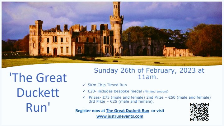 Grange_GAA's tweet photo. We are delighted to bring a very exciting and unique event to the running calendar for 2023. The stunning backdrop of the Duckett's Grove Castle &amp; Estate will provide a magical vista for runners on the day- Sunday 26th of February. 
Register now at
https://t.co/wkIOZVG45r 🏃‍♂️🏃‍♀️ https://t.co/ixFOJZdbIO