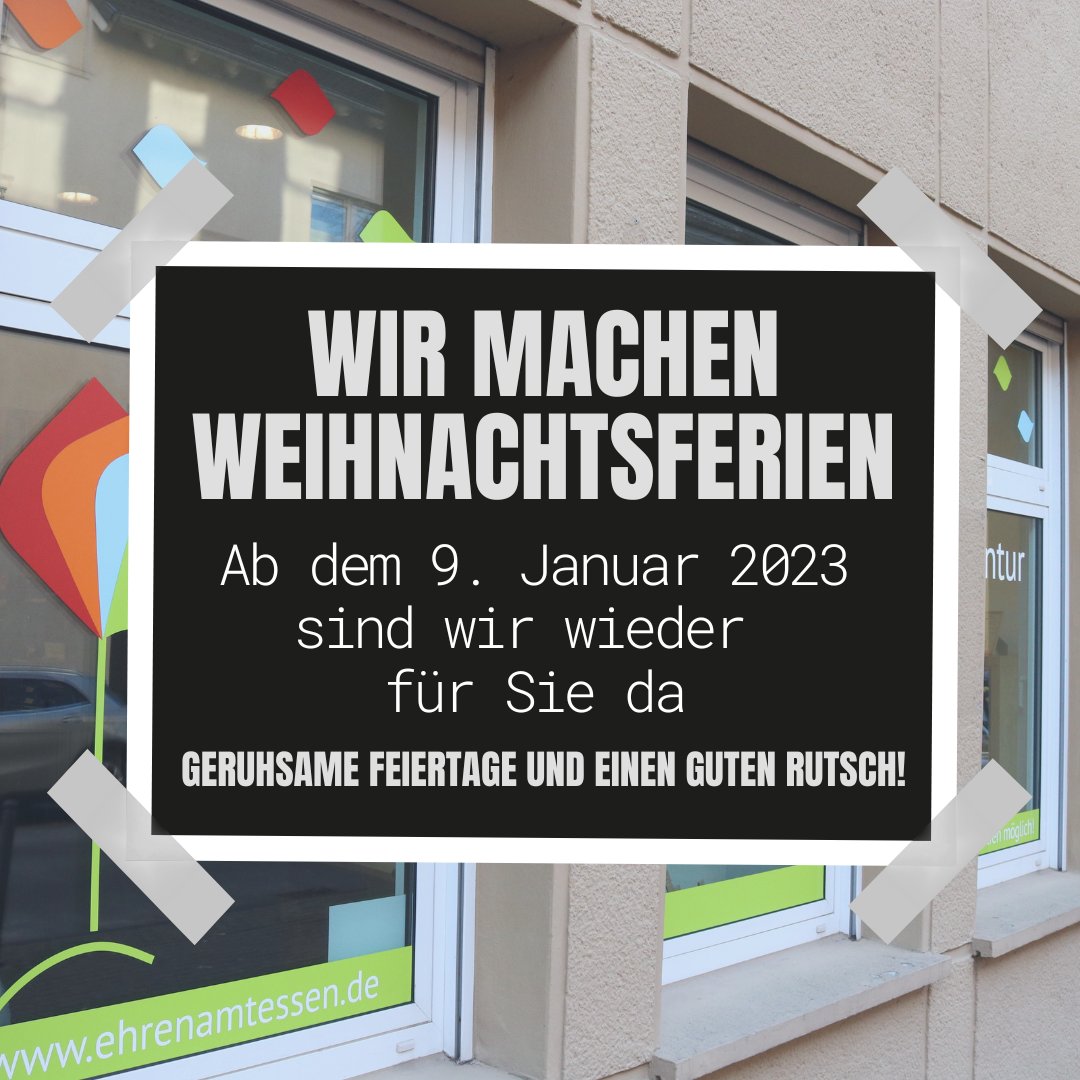 ehrenamtessen's tweet photo. Wir wünschen Euch besinnliche #Feiertage und einen guten Rutsch in das neue Jahr! 🥳🎄🎁

Vom 24.12.2022 bis 08.01.2023 nehmen wir eine #Auszeit und sammeln Energie für die vielen großen und kleinen Aufgaben im neuen Jahr. 

Wir freuen uns auf ein engagiertes 2023 mit euch. https://t.co/T4TXU5yoYs