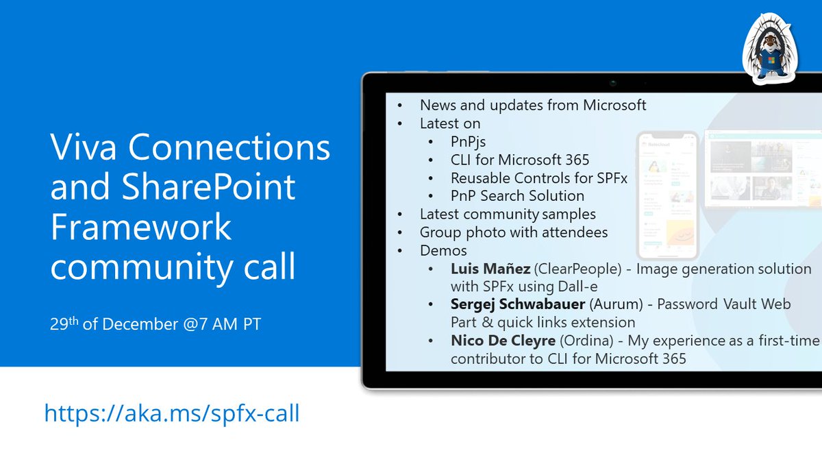 m365pnp's tweet photo. 📅 Agenda for the #MSFTViva and #SPFx call 29th of Dec

✅ Latest news
✅ Demos on Dall-E, Password Vault Web Part and #CLIMicrosoft365
✅ Presented by @luismanez, Sergej Schwabauer and @NicoDeCleyre

...and more! 🚀

👋 Join the call → https://t.co/GeD1JbEAm8 #Microsoft365dev https://t.co/KY0ODQ9Q1D