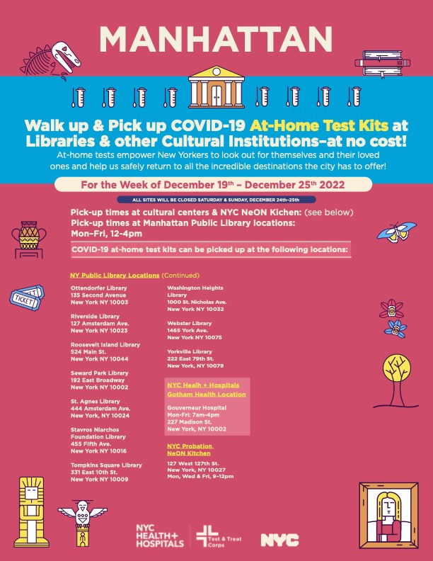 MarkLevineNYC's tweet photo. If you need covid home test kits ahead of the holidays, remember that NYC is giving them out free at 100s of libraries, cultural institutions, and parks around the city.

Current list of locations &amp; hours below. 👇 https://t.co/3YYIPUn7Iz