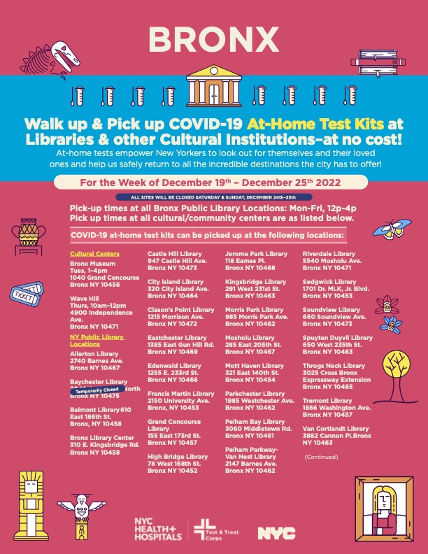 MarkLevineNYC's tweet photo. If you need covid home test kits ahead of the holidays, remember that NYC is giving them out free at 100s of libraries, cultural institutions, and parks around the city.

Current list of locations &amp; hours below. 👇 https://t.co/3YYIPUn7Iz