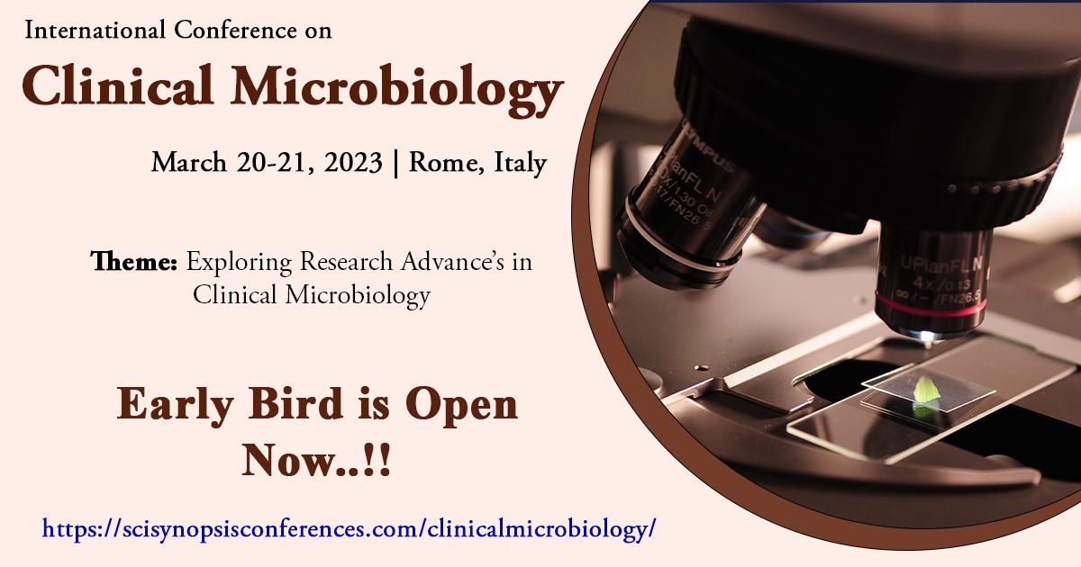 sylviamaddison8's tweet photo. We are glad to welcome all the #speaker at #Clinical#Microbiology2023 on Mar 20-21,2023 @Rome, @Italy.
Early Bird Opens now..!
Submit your abstract: https://t.co/MjIyTbJXv9
#Dental_Infections, #Virology, #Mycology, #Micro_biome, #Bacteriology https://t.co/RTlGqgRI7E