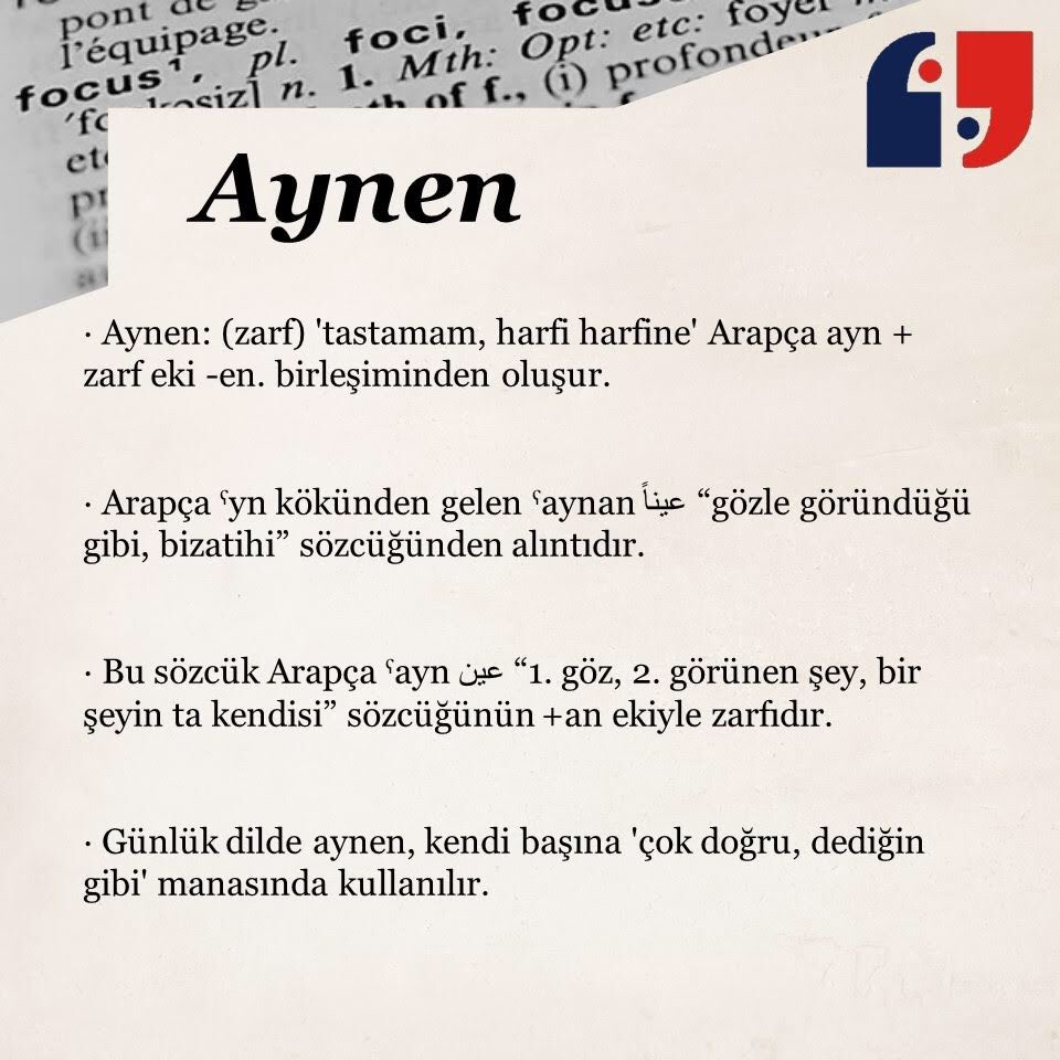 Tietze, Andreas. (2002). Tarihi Ve Etimolojik Türkiye Türkçesi Sözlüğü., Aynen. Nişanyan Sözlük. (n.d.). Retrieved December 22, 2022, from nisanyansozluk.com/kelime/aynen