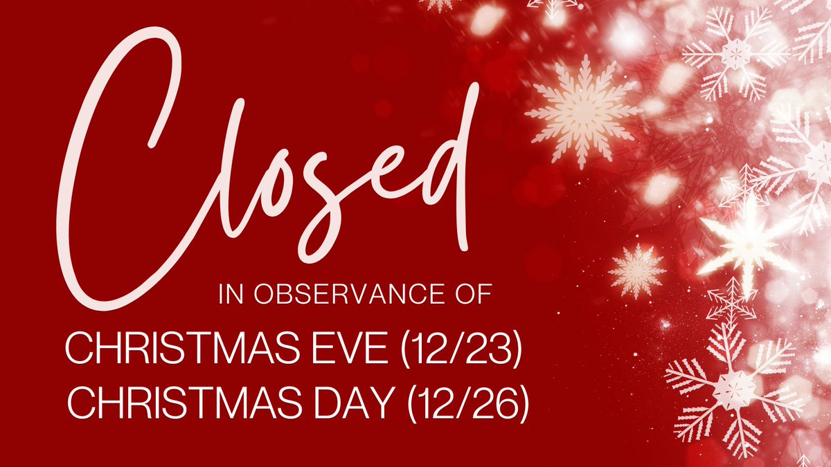 Our offices &amp; warehouse will be closed Friday, 12/23, as well as Monday, 12/26 in observance of Christmas. In stock orders placed today before 7:00PM CST will ship same-day. Orders placed after this time will be shipped upon return on Tuesday, 12/27. Have a Merry Christmas!
