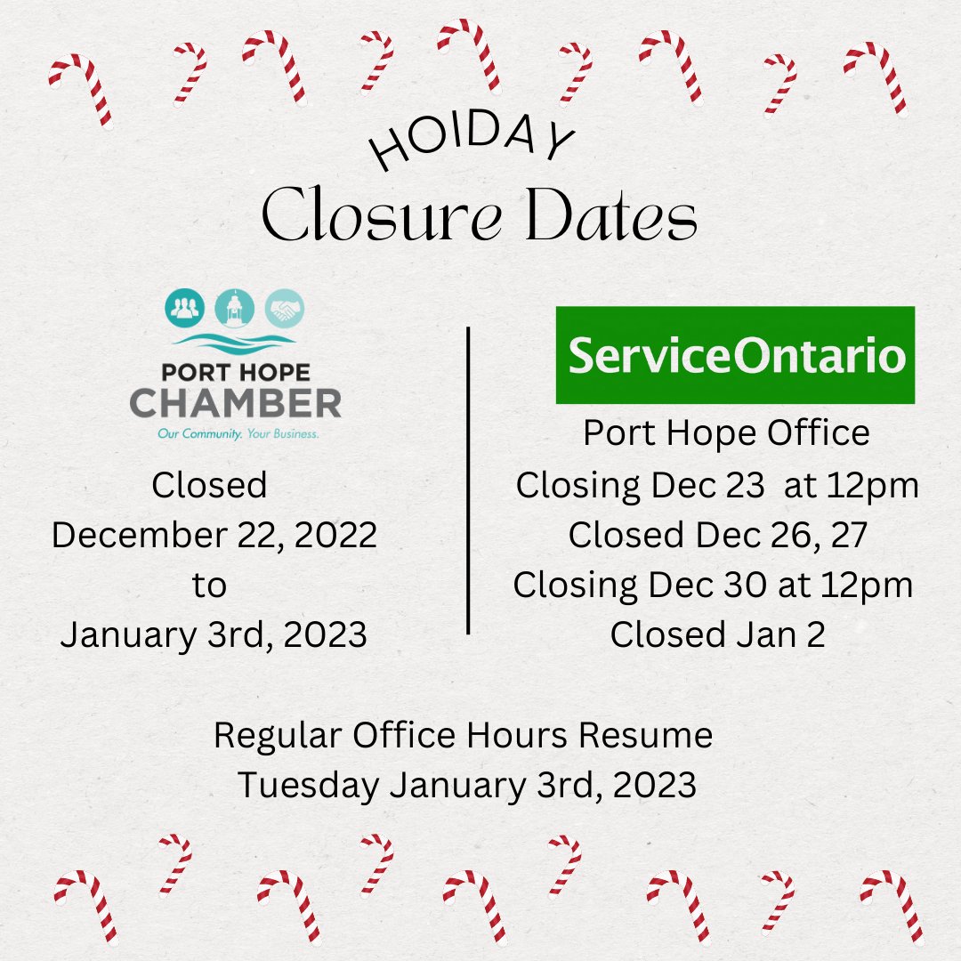 Happy Holidays from the Port Hope and District Chamber of Commerce and Port Hope Service Ontario.  Wishing you and your loved ones a safe and happy festive season.