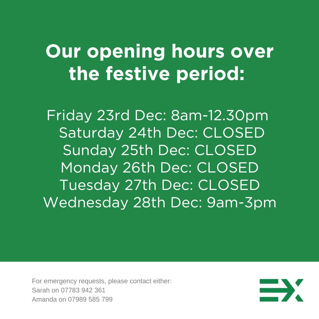 ExporterServ's tweet photo. From all of us, we'd like to wish you all a Merry Christmas 🎄

We'll be closed from Friday 23rd December at 12.30pm to Wednesday 8th December at 9am.

❗️For emergency requests, please contact either Sarah on 07783 942 361 or Amanda on 07989 585 799. https://t.co/K6B9m21vgN