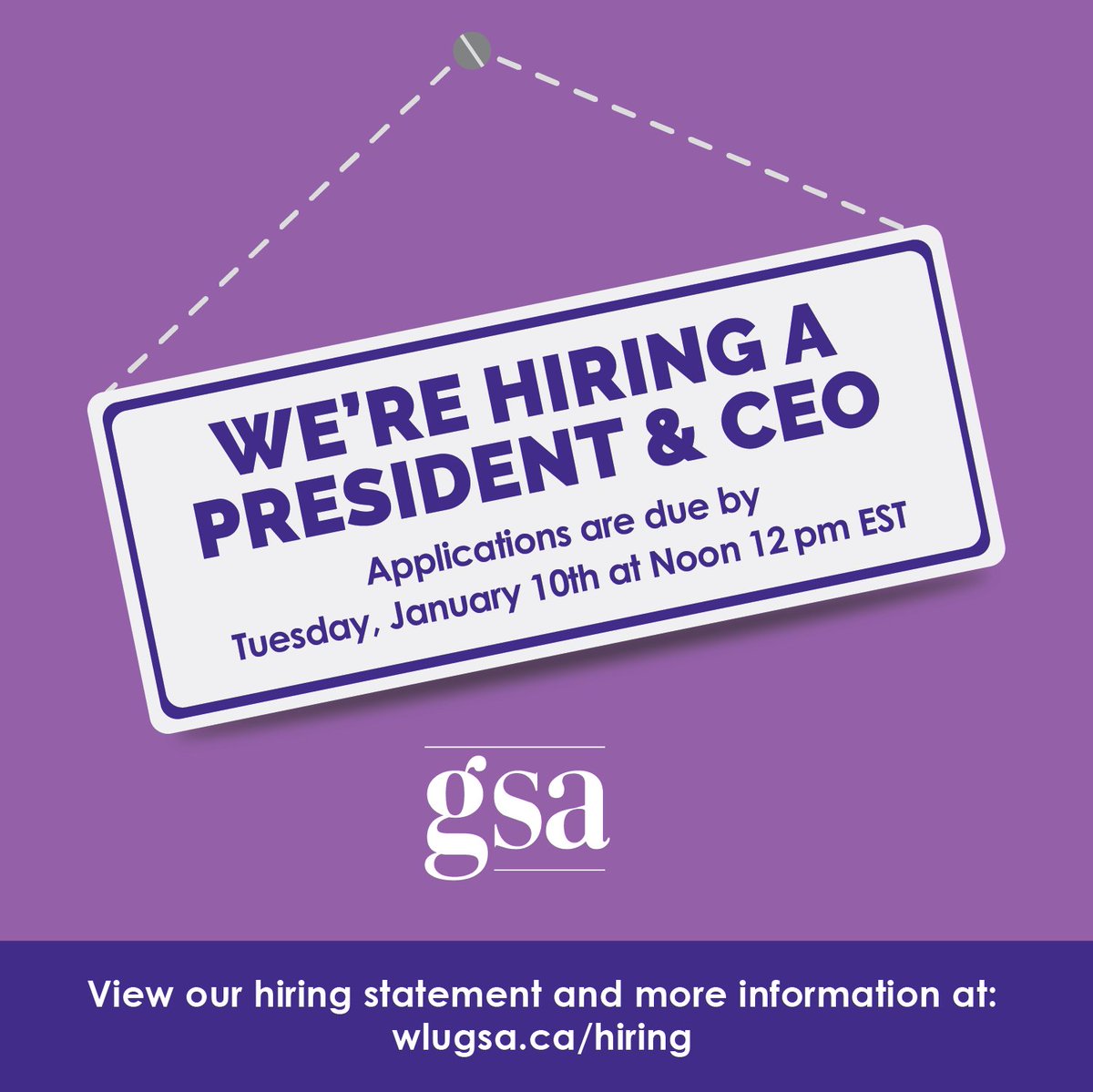 We're accepting Board Nominations and applications for our President &amp; CEO position until 12 pm (Noon) January, 10th 2023. If you're interested in providing leadership to the GSA submit your nomination/application package today. For more info visit: wlugsa.ca/hiring