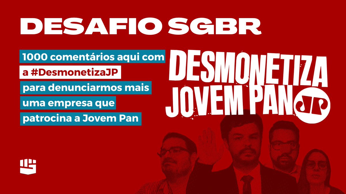 Ontem percebemos que tentaram derrubar a nossa tag, por isso resolvemos subir mais uma hoje!🚀

1000 comentários aqui com a #DesmonetizaJP para subir nos trends e também denunciar mais uma empresa que patrocina a Jovem Pan!✊🏽