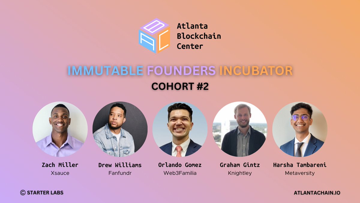 🚀 Introducing <a href="/AtlantaChain/">Atlanta Blockchain Center</a>'s  Immutable Founders from Cohort # 2, starting January, 2023.

Created by #blockchain &amp; industry veterans, our goal is to find innovative projects and talent to help develop, execute and scale their ideas.

🔗 atlantachain.io/incubator
<a href="/StarterLabsHQ/">Starter Labs</a>
